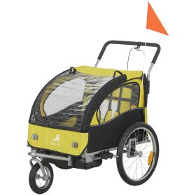 2-in-1 Bike Trailer for Kids, Foldable 2-Seat Baby Stroller with 5-Point Harness, Rubber Wheels, Storage Bag, Yellow