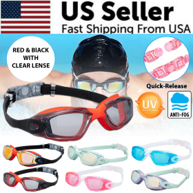 Clear Comfortable Swimming Goggles UV- Anti-Fog Swim Glasses Mirror Adult & Kids (Color: Black & Red with Clear Lenses)
